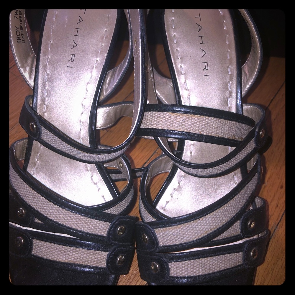 Tahari Black and Tan Canvas Heels